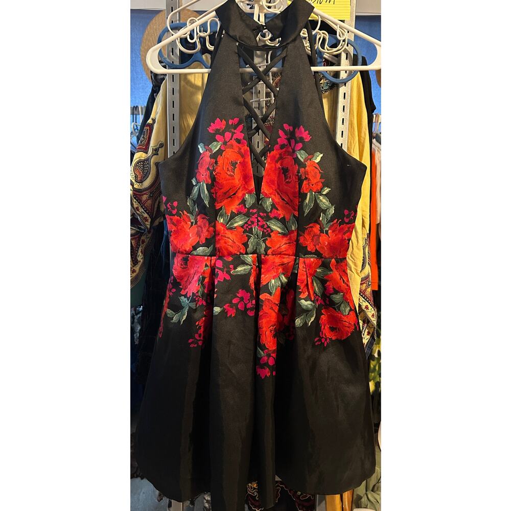 Dear Moon Black & Red Floral Halter Dress – Size 7